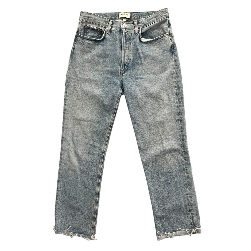 AGOLDE High Rise Straight Leg Jeans Light Wash Raw Frayed Hem Women's size 28